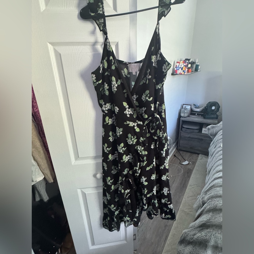 Audrey Black Dress with White and Green Floral Design